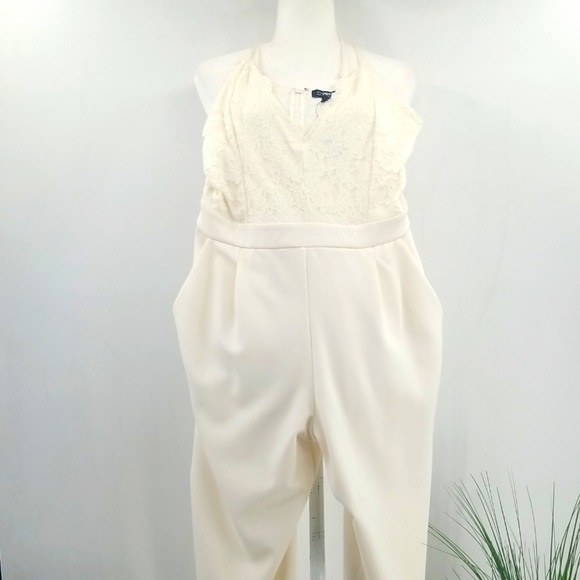Express Pants - Express Cream Jumpsuit Lace Top Spaghetti Straps & Pockets Jumpsuit